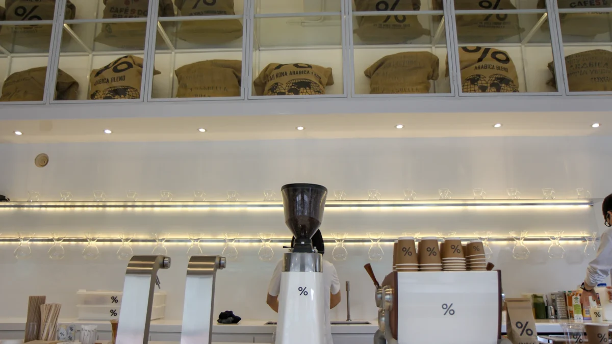 Espresso machine and grinder on a café counter