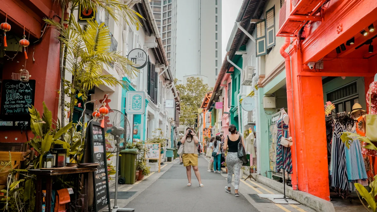 Street of shophouses with small shops in Singapore