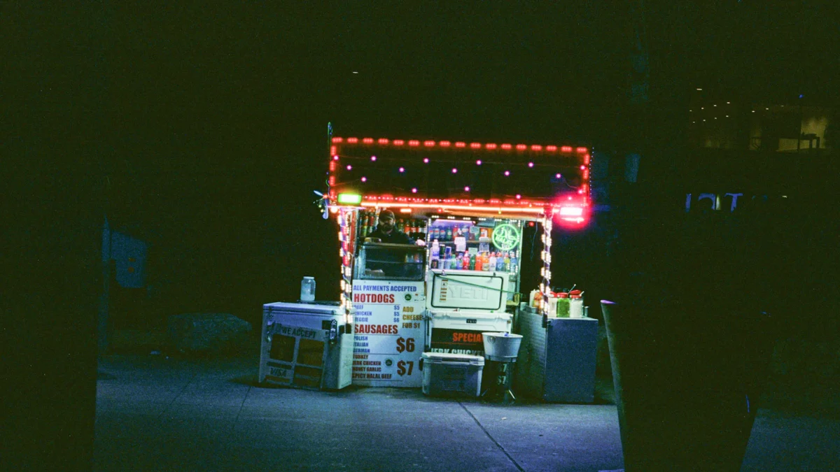 Food cart lit up at night
