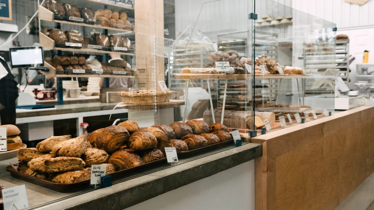 Bakery counter with bread and pastries on display