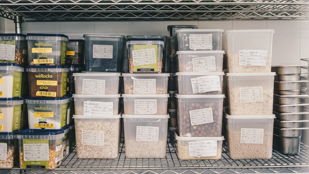 Labelled food storage containers on kitchen shelves